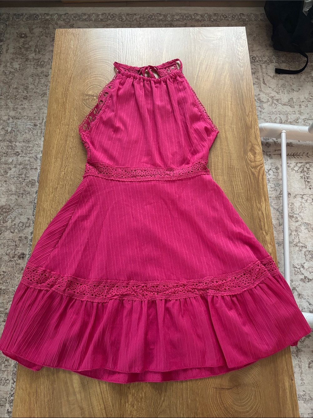 Woman’s ' Fuchsia Halter Dress with Lace Trim Open Back